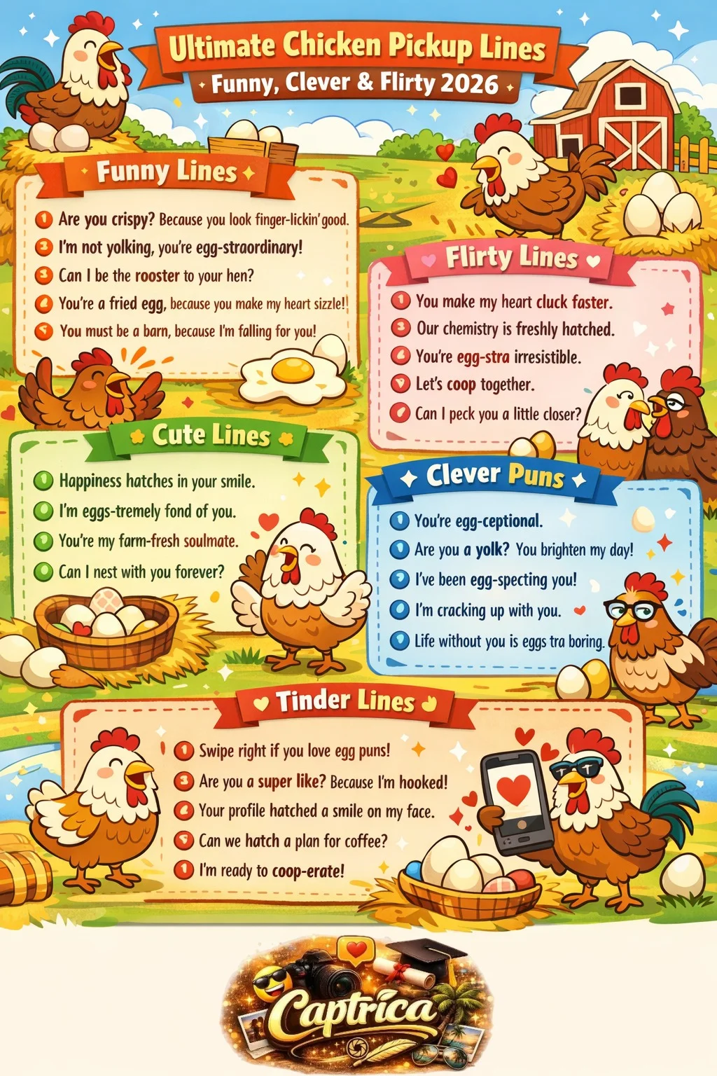 Colorful cartoon-style infographic showing funny, flirty, and clever chicken pickup lines for 2026, featuring chickens, roosters, eggs, barns, and playful farm visuals.