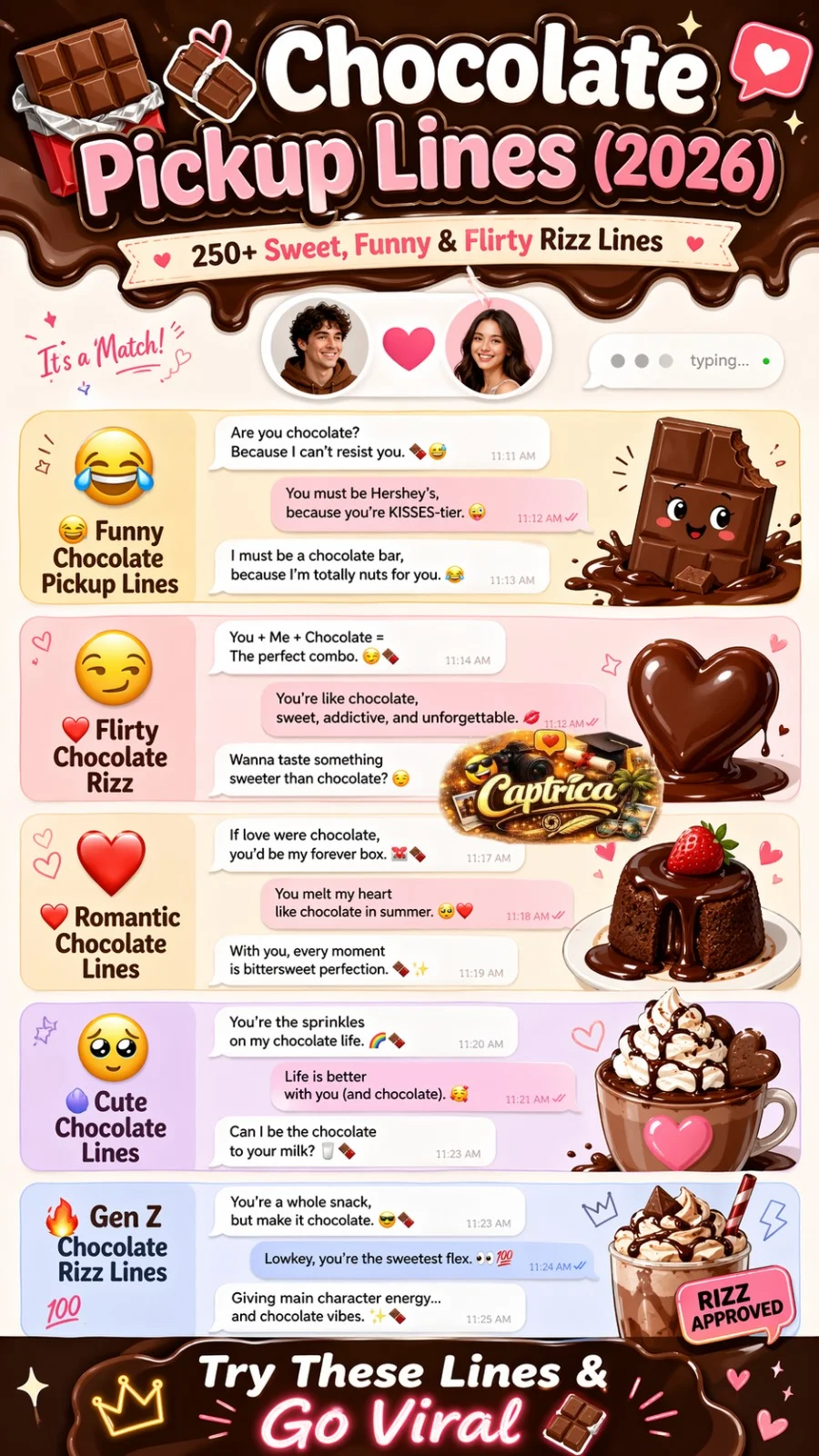 Infographic showing 2026 chocolate pickup lines with funny, flirty, romantic, cute, and Gen Z rizz categories designed for Tinder, dating apps, and social media flirting.