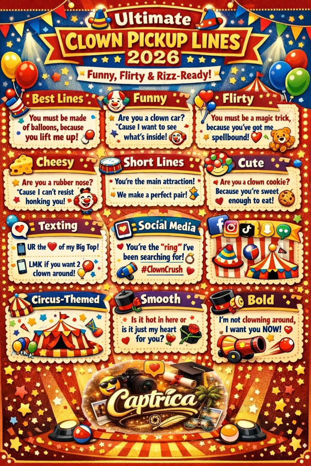 Infographic showcasing the ultimate clown pickup lines for 2026, with sections for funny, flirty, cute, cheesy, bold, and social media-ready lines, decorated with circus-themed visuals.