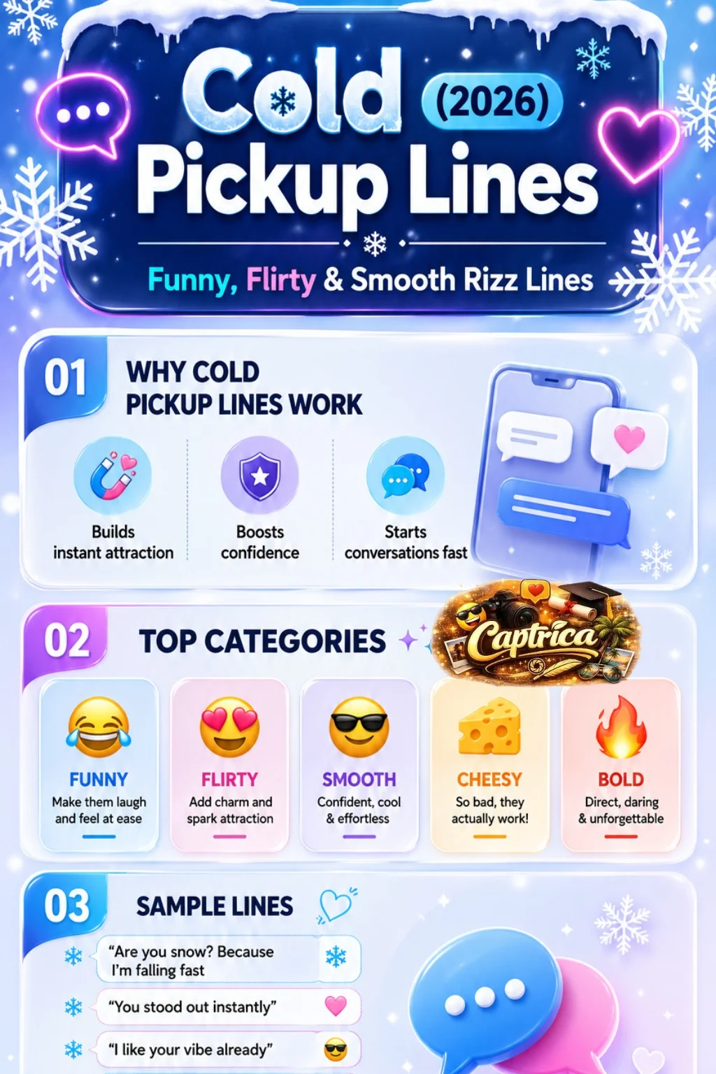 Cold pickup lines infographic 2026 featuring funny, flirty, and smooth rizz lines for Tinder, Instagram, and real-life conversations.
