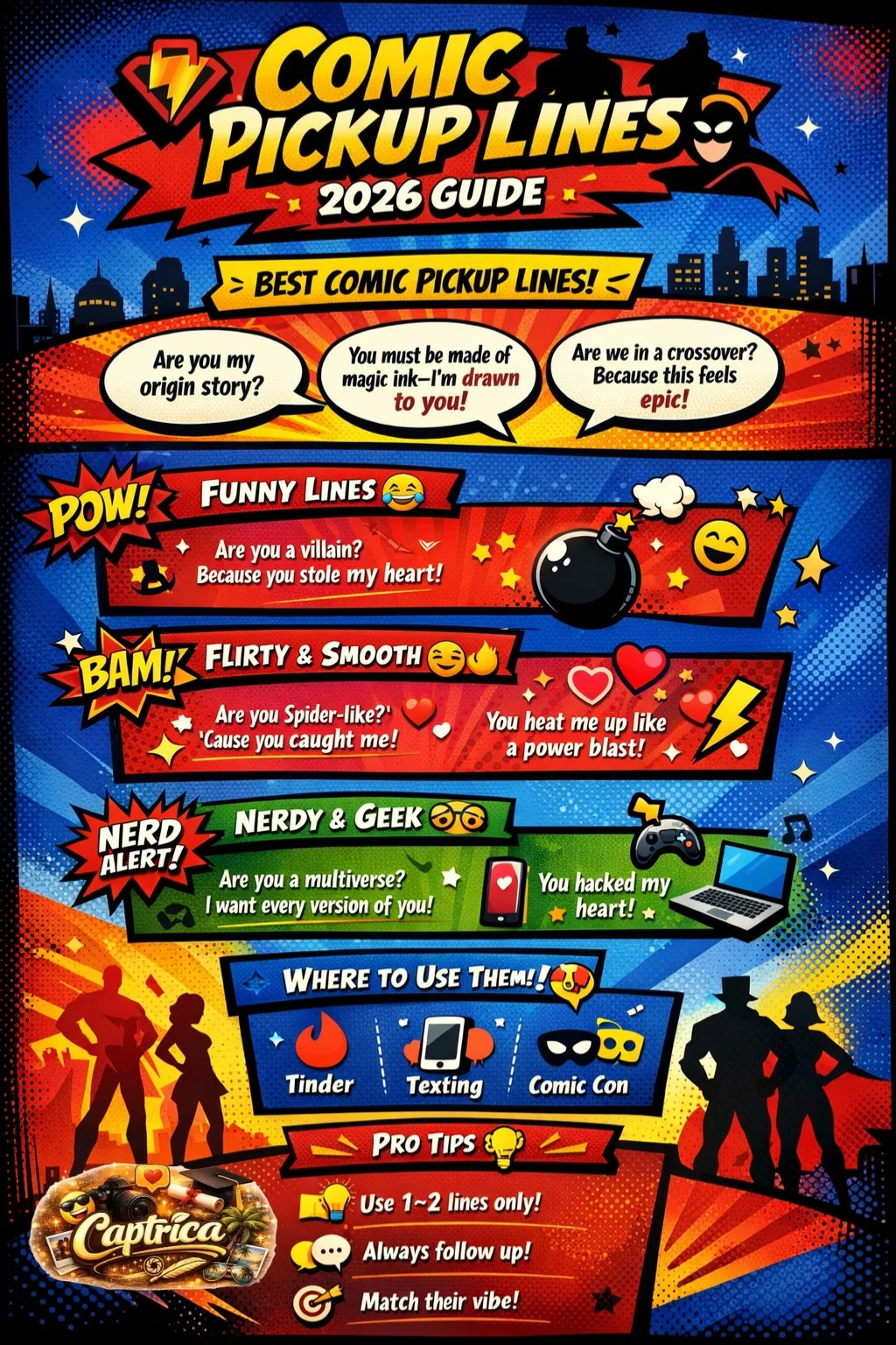 Comic pickup lines infographic showing funny, flirty, and superhero rizz lines for Tinder, texting, and real-life dating in 2026