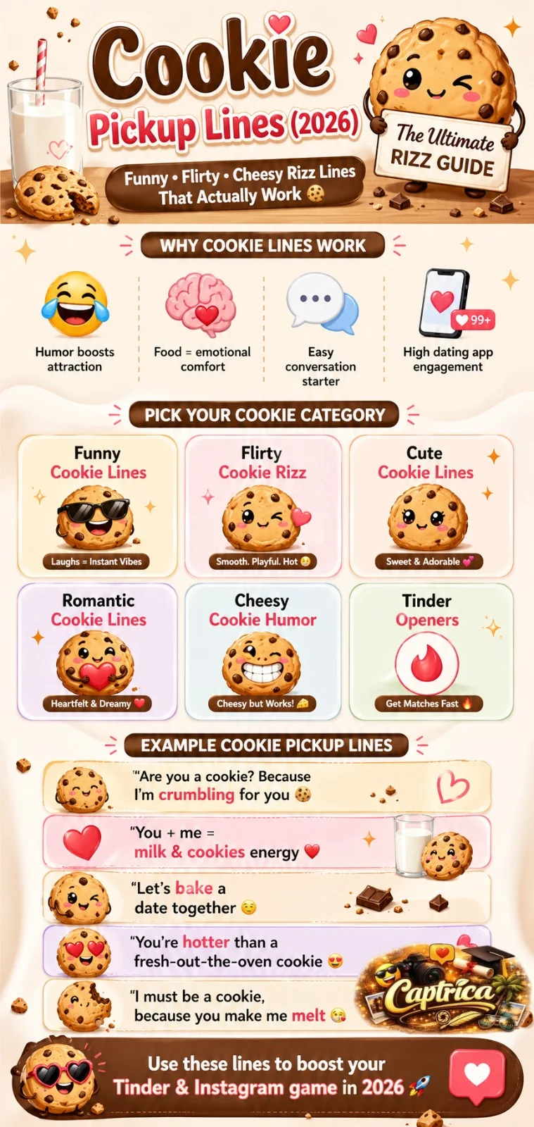 Cookie pickup lines infographic 2026 showing funny, flirty, and cheesy rizz lines for Tinder and Instagram, including psychology reasons why cookie pickup lines work and examples for dating conversations.