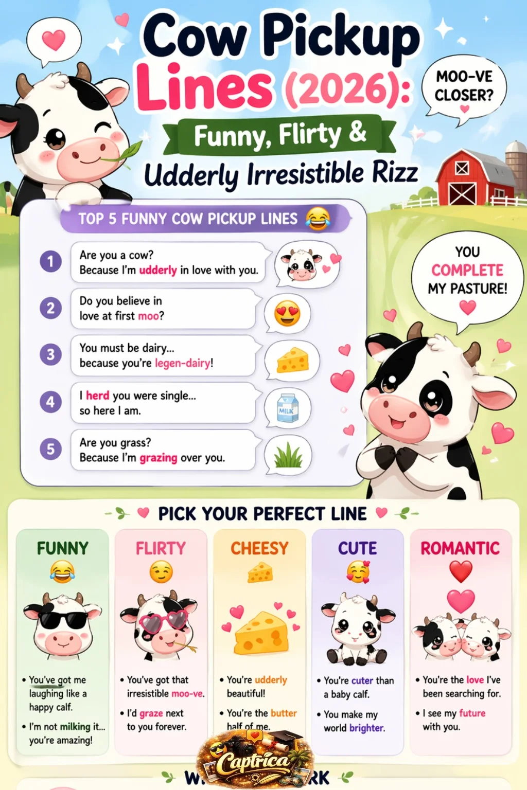 Cow pickup lines infographic showing funny, flirty, cheesy, cute, and romantic cow rizz lines with playful illustrations and dating tips.