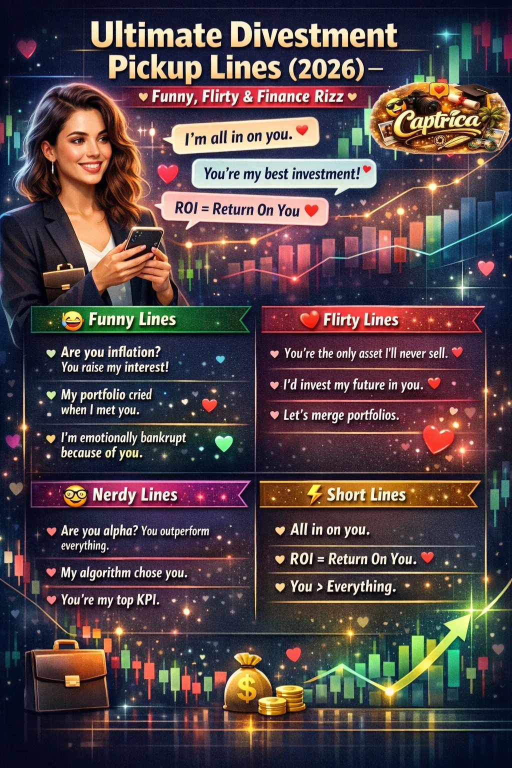 Divestment pickup lines infographic featuring funny, flirty, and finance-themed rizz lines with stock market visuals and modern dating design.