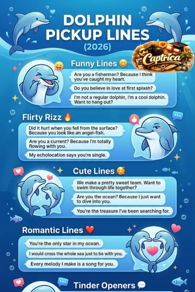 “Colorful ocean-themed infographic featuring dolphin pickup lines categorized into funny, flirty, cute, romantic, and Tinder-style messages for modern flirting in 2026.”
