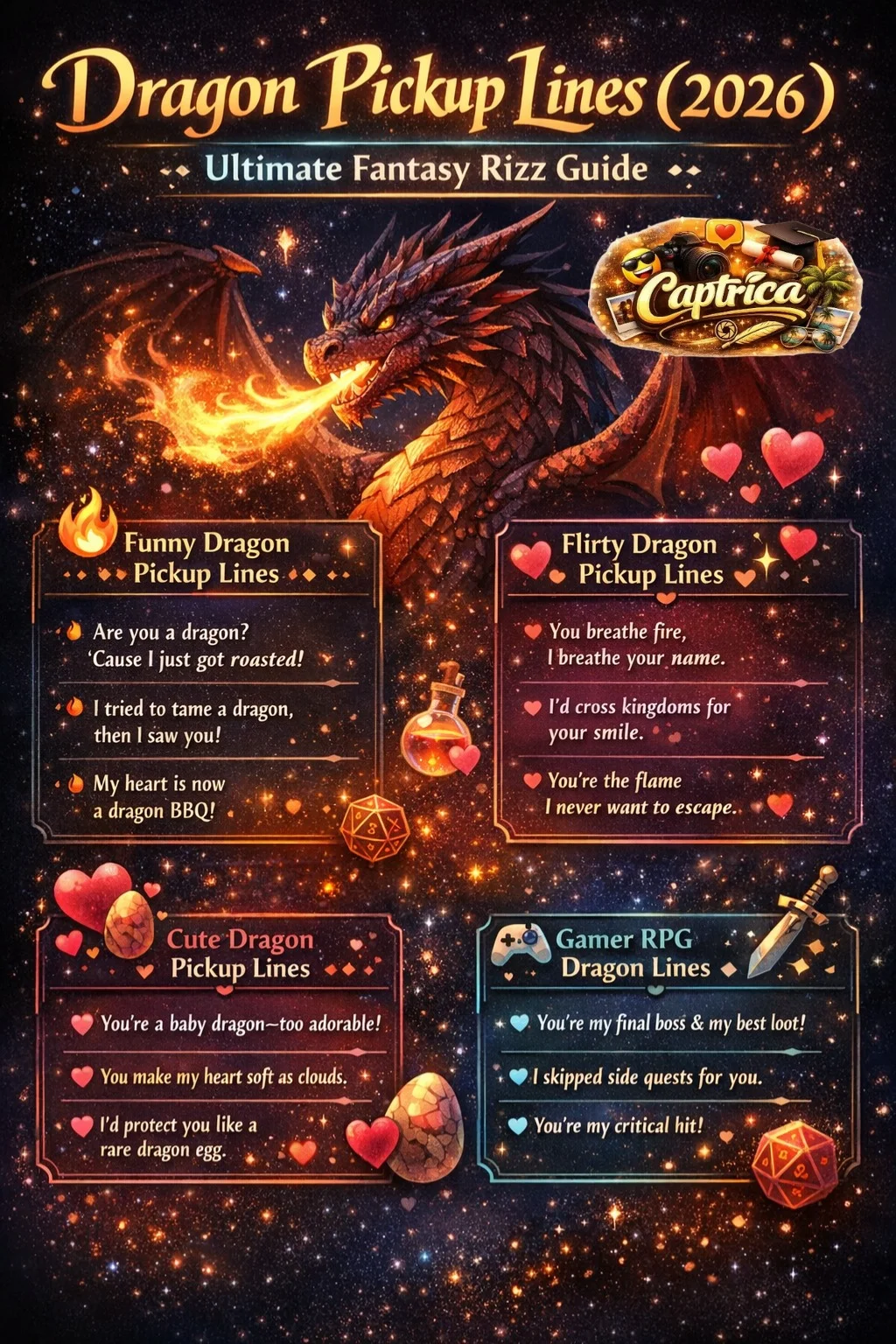 Dragon Pickup Lines (2026) infographic showing funny, flirty, cute, and gamer fantasy rizz lines with a glowing dragon illustration on a dark magical background.