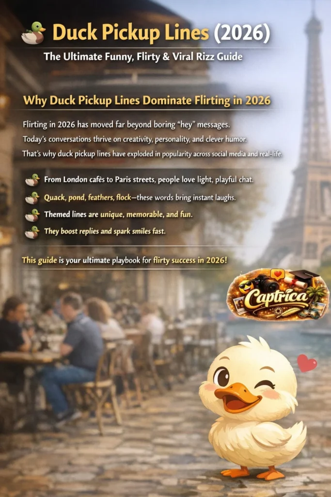 Duck-themed infographic titled “Duck Pickup Lines (2026) – The Ultimate Funny, Flirty & Viral Rizz Guide,” showing a cozy European café street scene with a cute cartoon duck and text explaining modern flirting trends using humor, creativity, and wordplay.