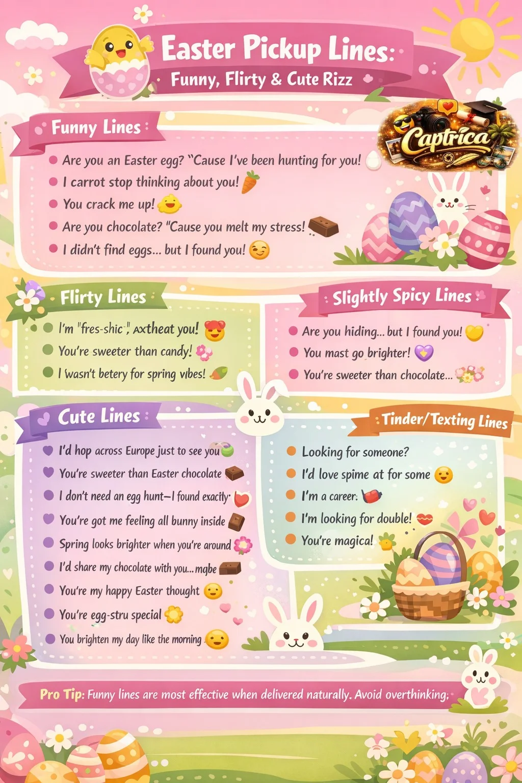Infographic showing 2026 Easter pickup lines with categories: Funny, Flirty, Cute, Slightly Spicy, and Tinder/Texting. Colorful spring design with Easter eggs, bunnies, chocolate, baskets, and emojis