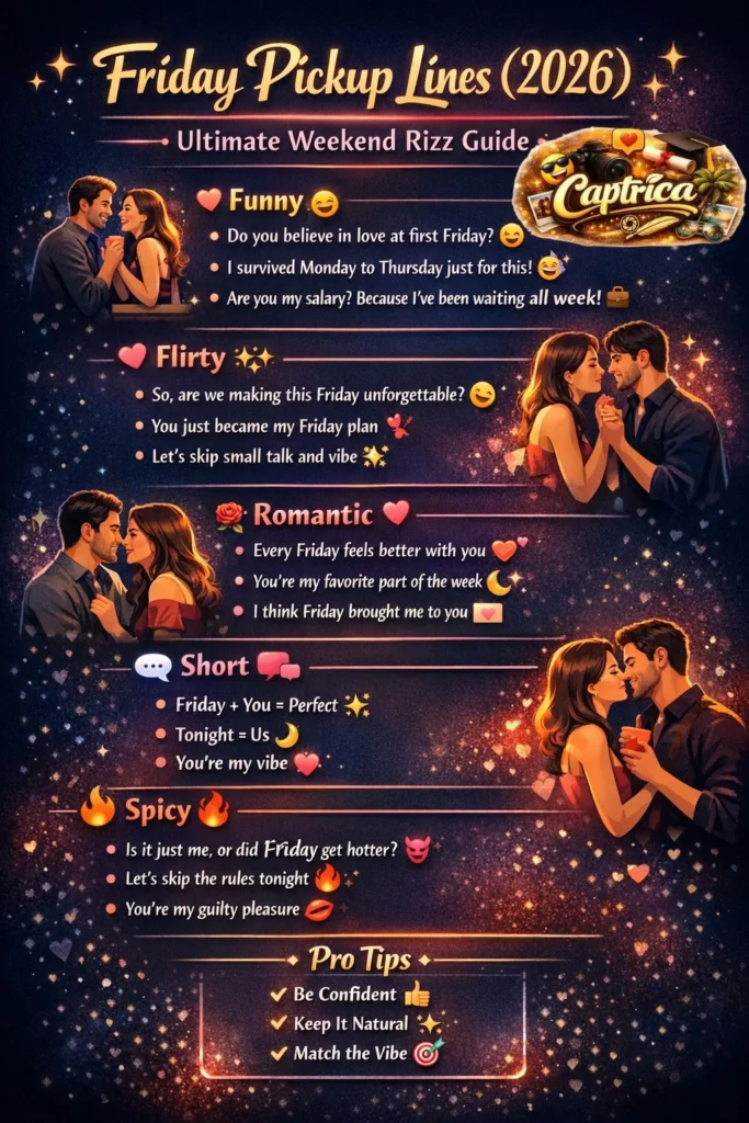 Friday pickup lines 2026 infographic featuring funny, flirty, romantic, and short weekend rizz lines with modern design and social media-friendly layout.
