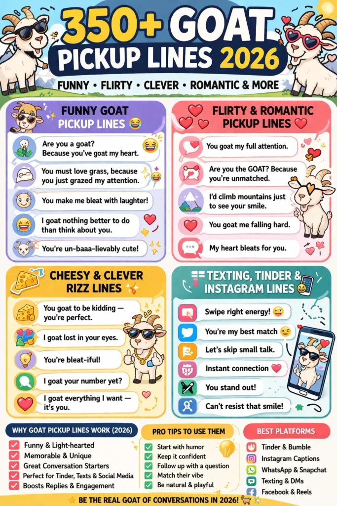"Infographic of 350+ Goat Pickup Lines for 2026, featuring categories like funny, flirty, romantic, cheesy, clever, and texting lines with playful goat-themed icons and speech bubbles."