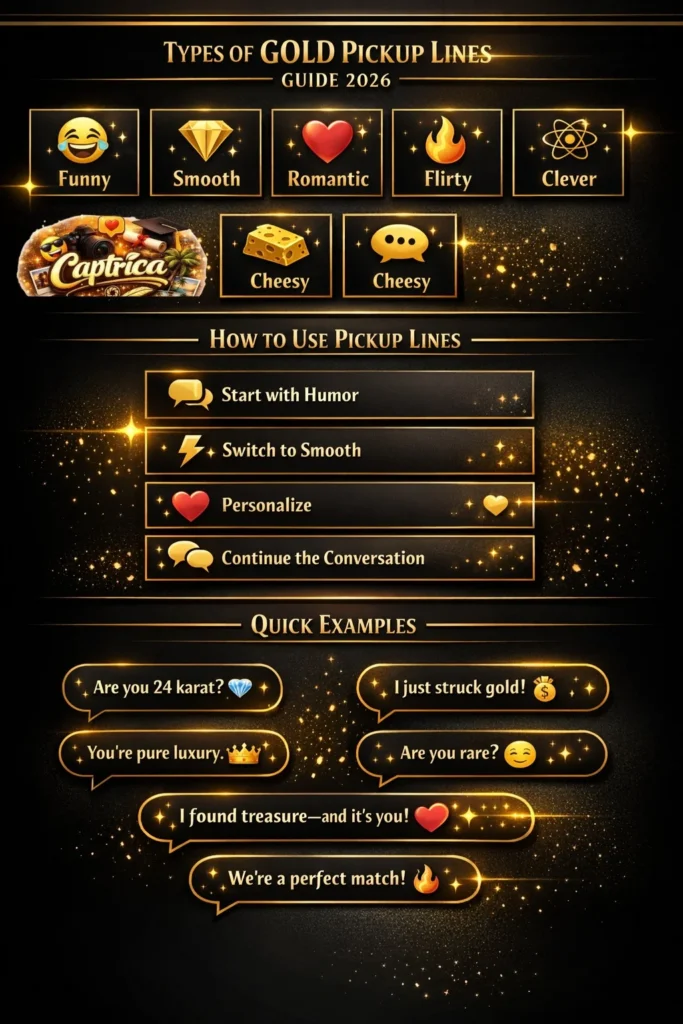 Gold pickup lines infographic showing types, examples, and how to use them in modern dating conversations (2026 guide)