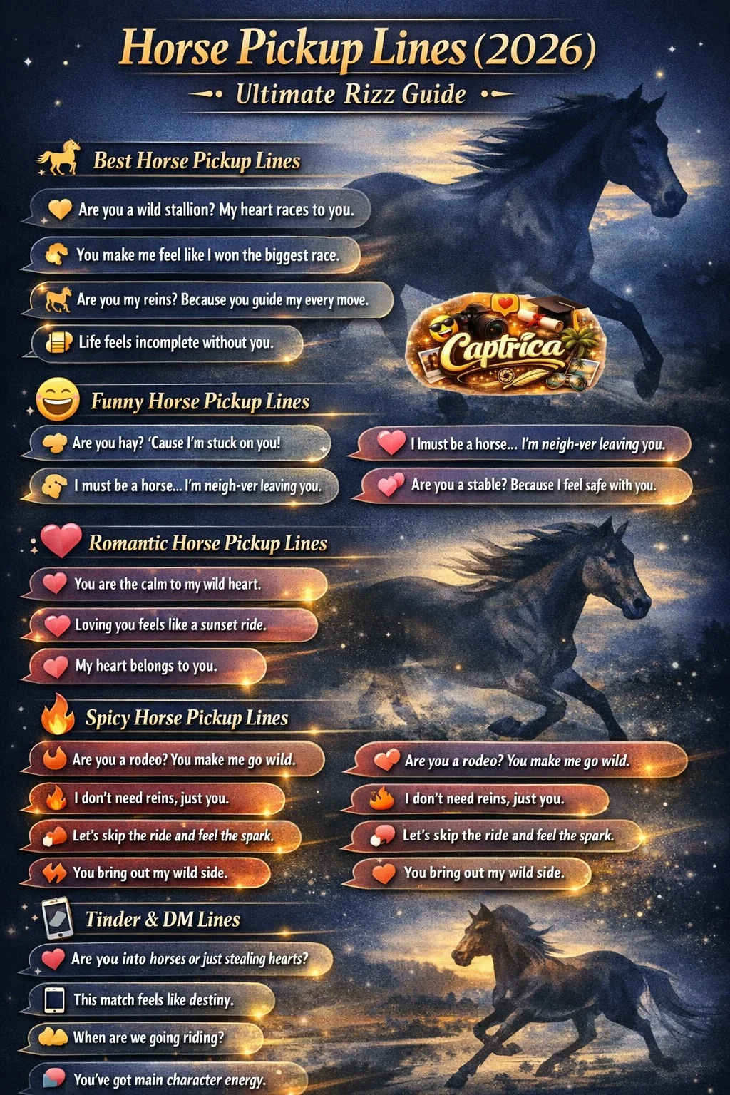 Horse Pickup Lines (2026) infographic showing funny, romantic, spicy, Tinder, and cowboy-themed horse rizz lines with modern social media design and aesthetic visuals.
