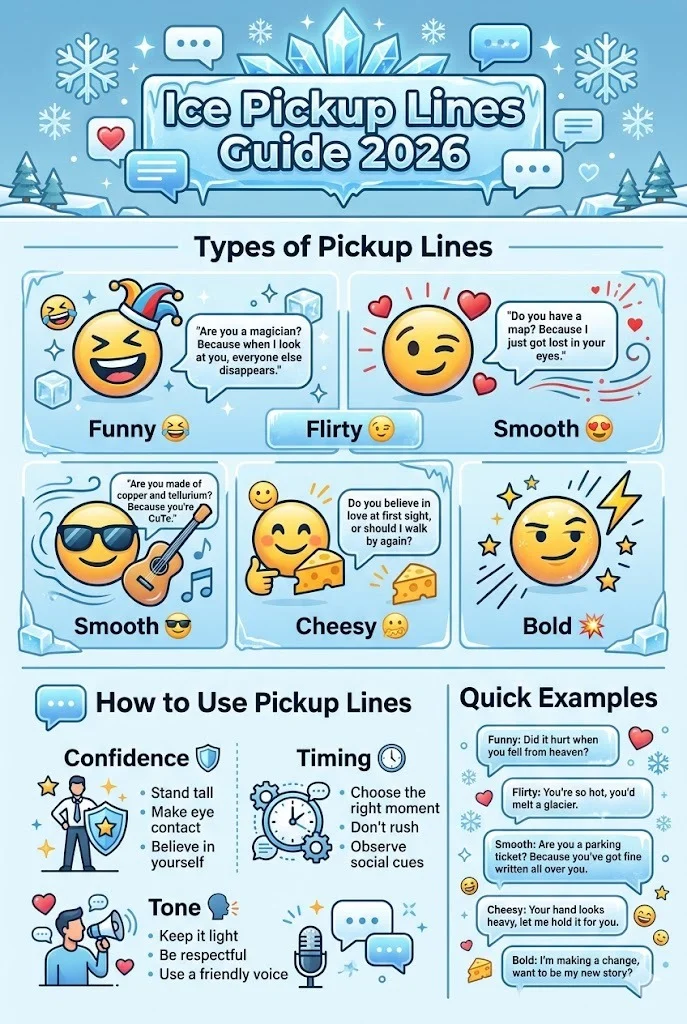 Ice pickup lines infographic showing funny, flirty, smooth, and bold conversation starters with tips on confidence, timing, and dating success in 2026