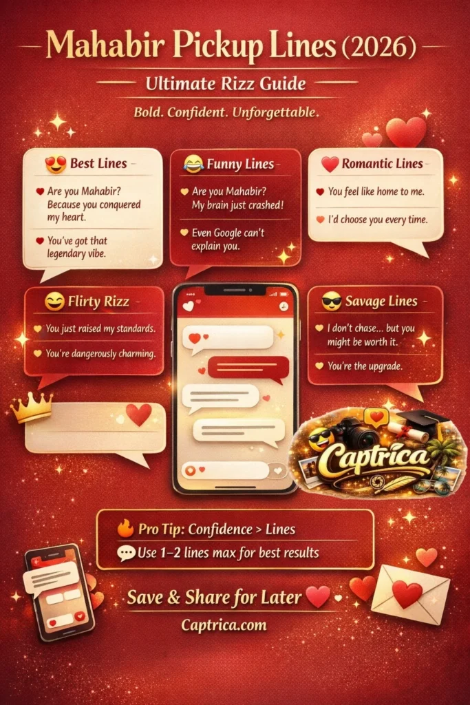 Mahabir pickup lines infographic 2026 showing funny, flirty, romantic, and DM rizz lines for modern dating and social media conversations.