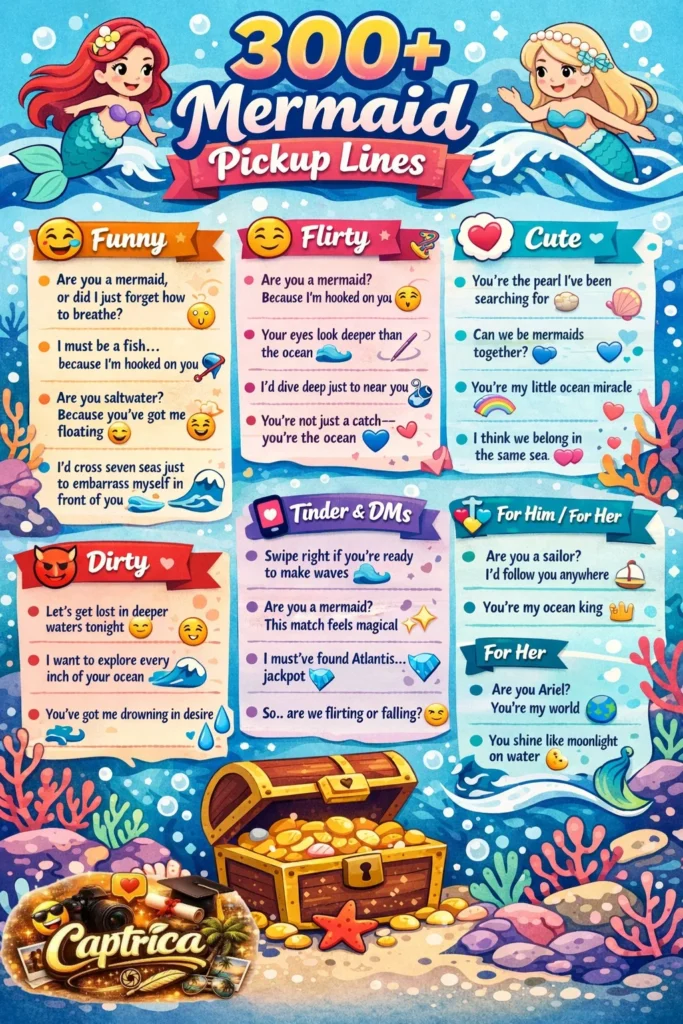Infographic showing 300+ mermaid pickup lines with sections: Funny, Flirty, Cute, Dirty, Tinder & DMs, and For Him/Her, featuring colorful mermaids, ocean waves, seashells, and emojis like 🧜♀️ and 🌊
