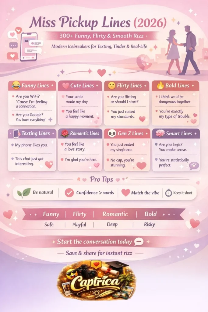Miss pickup lines infographic showing funny, flirty, romantic, and texting rizz lines for 2026 with modern dating tips and categories.