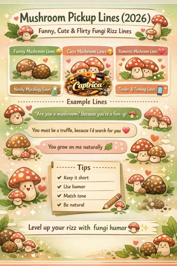 Mushroom pickup lines infographic 2026 featuring funny, cute, romantic, and nerdy fungi rizz lines with aesthetic forest design and pastel colors.