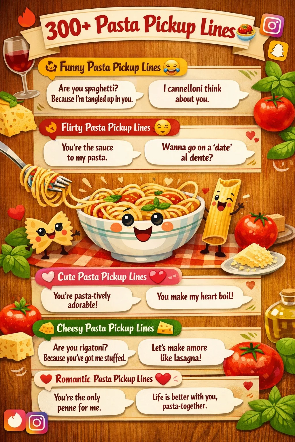 Infographic showing 300+ pasta pickup lines, including funny, flirty, cute, cheesy, and romantic pasta rizz lines for Tinder, Instagram captions, and flirting messages.