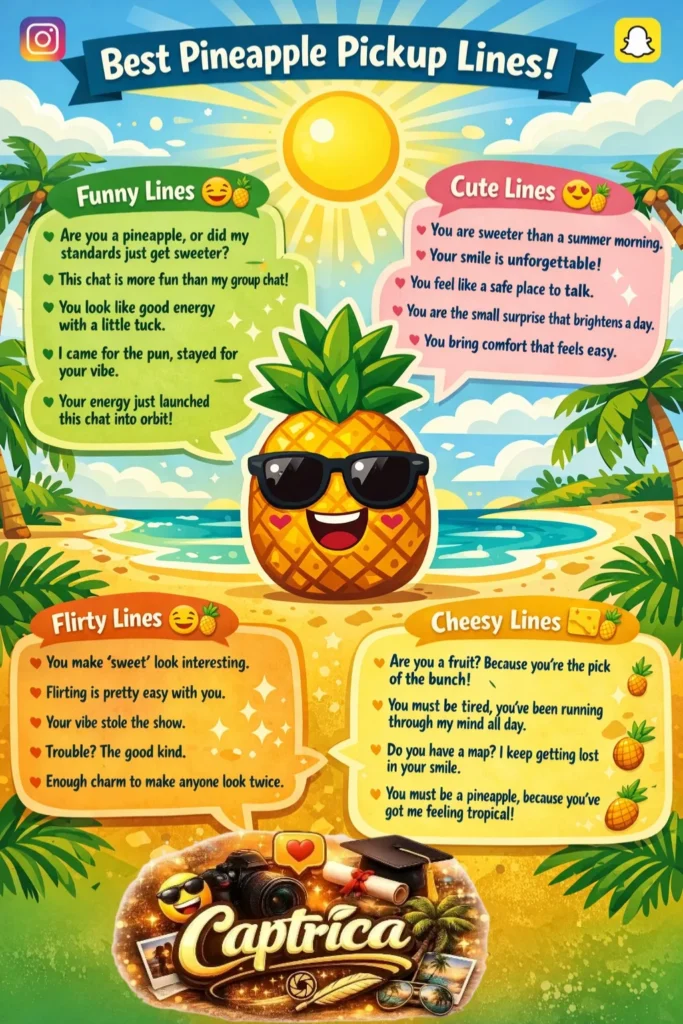 "Infographic showing a smiling cartoon pineapple with tropical elements, featuring funny, cute, flirty, and cheesy pineapple pickup lines, optimized for social media sharing."