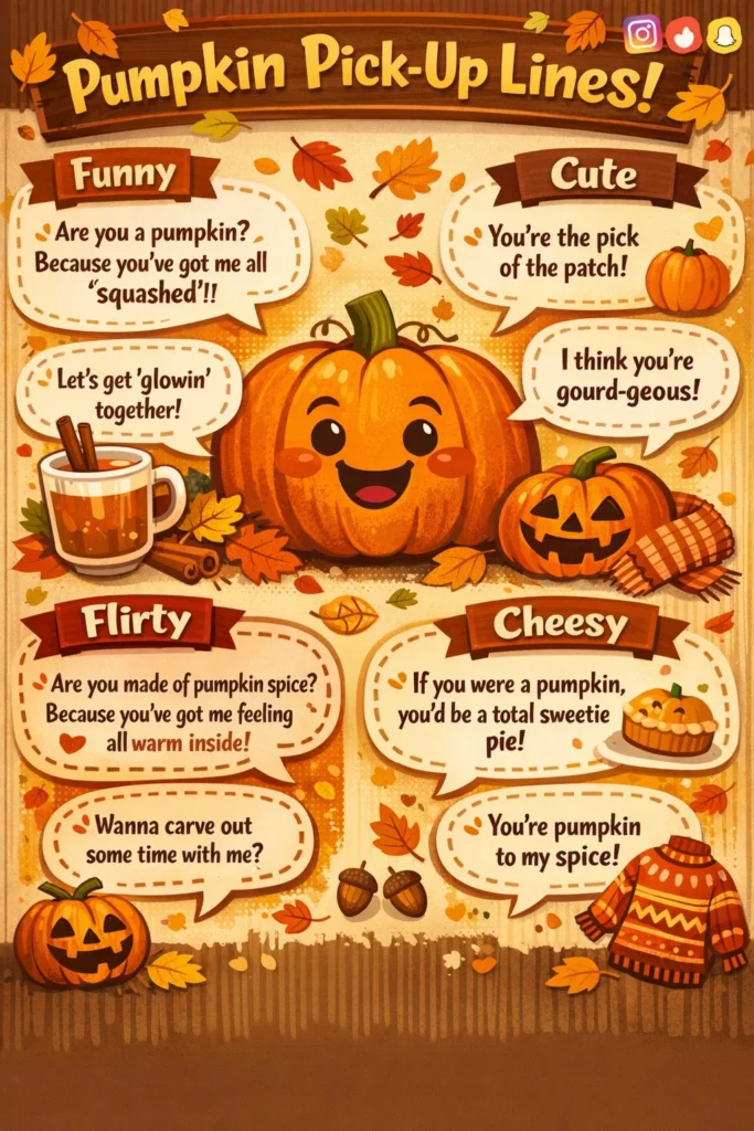 "Colorful pumpkin infographic with funny, cute, flirty, and cheesy pumpkin pickup lines for fall 2026, including autumn leaves, jack-o’-lanterns, and cozy seasonal elements."