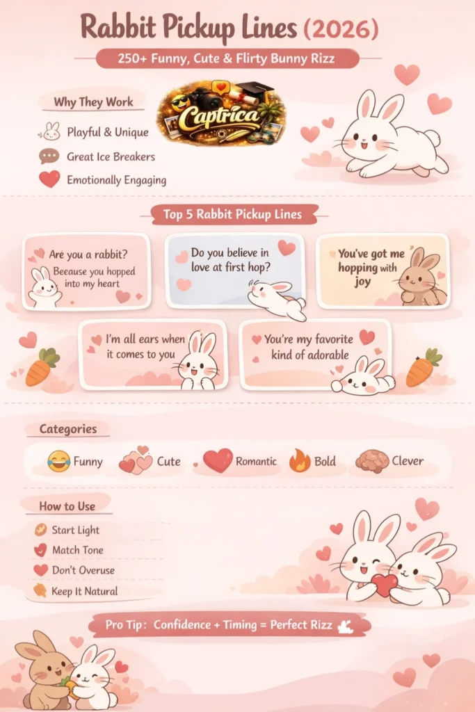 Rabbit pickup lines infographic featuring funny, cute, romantic, and flirty bunny rizz examples with tips on how to use them for Tinder, texting, and modern dating.