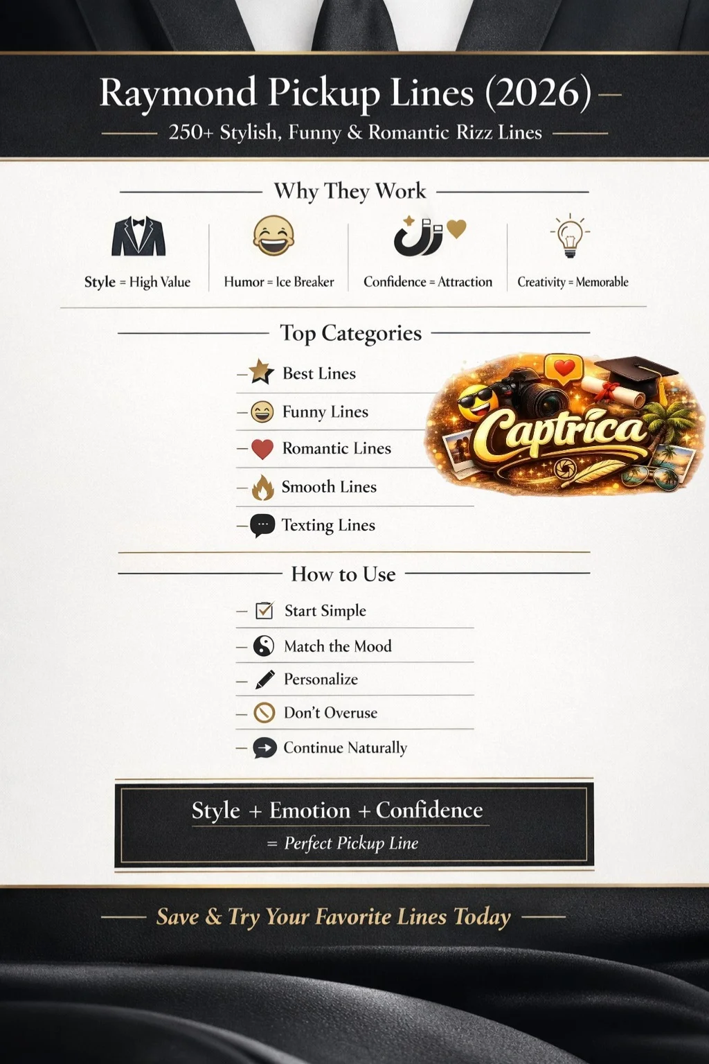 Raymond's pickup lines infographic showing stylish, funny, and romantic rizz lines with tips on how to flirt confidently in 2026.