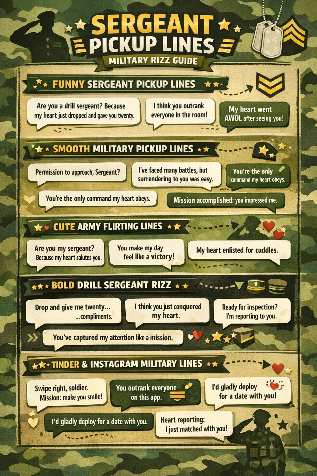 Sergeant pickup lines infographic featuring funny, smooth, cute, and military-style rizz lines for Tinder, Instagram, and flirting.