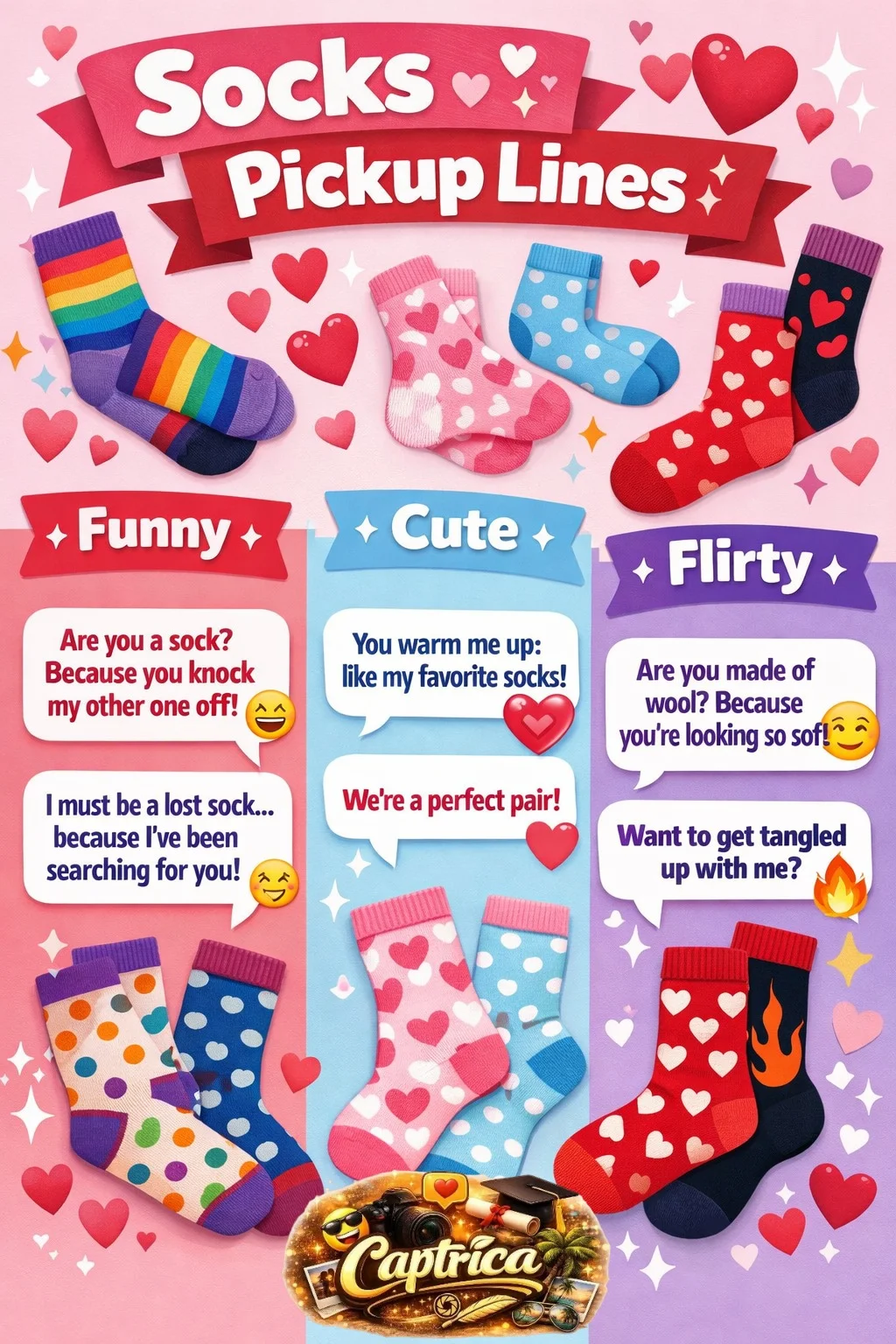 Socks pickup lines infographic featuring funny, cute, and flirty lines with colorful socks illustrations for social media and dating inspiration