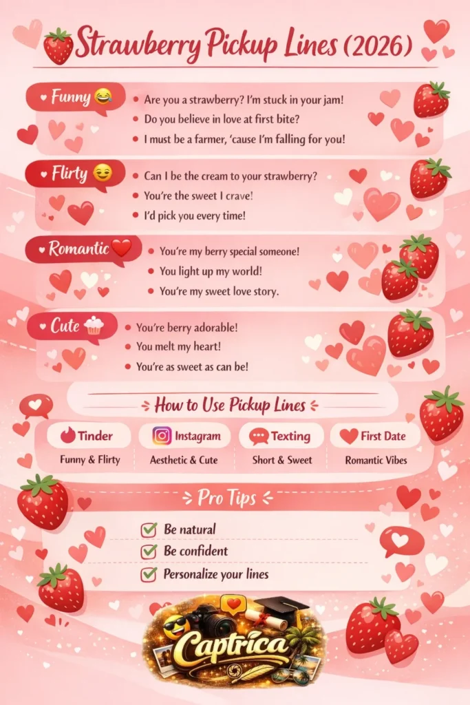 Strawberry pickup lines infographic showing funny, flirty, romantic, and cute rizz lines with tips for Tinder, texting, and Instagram flirting in 2026.