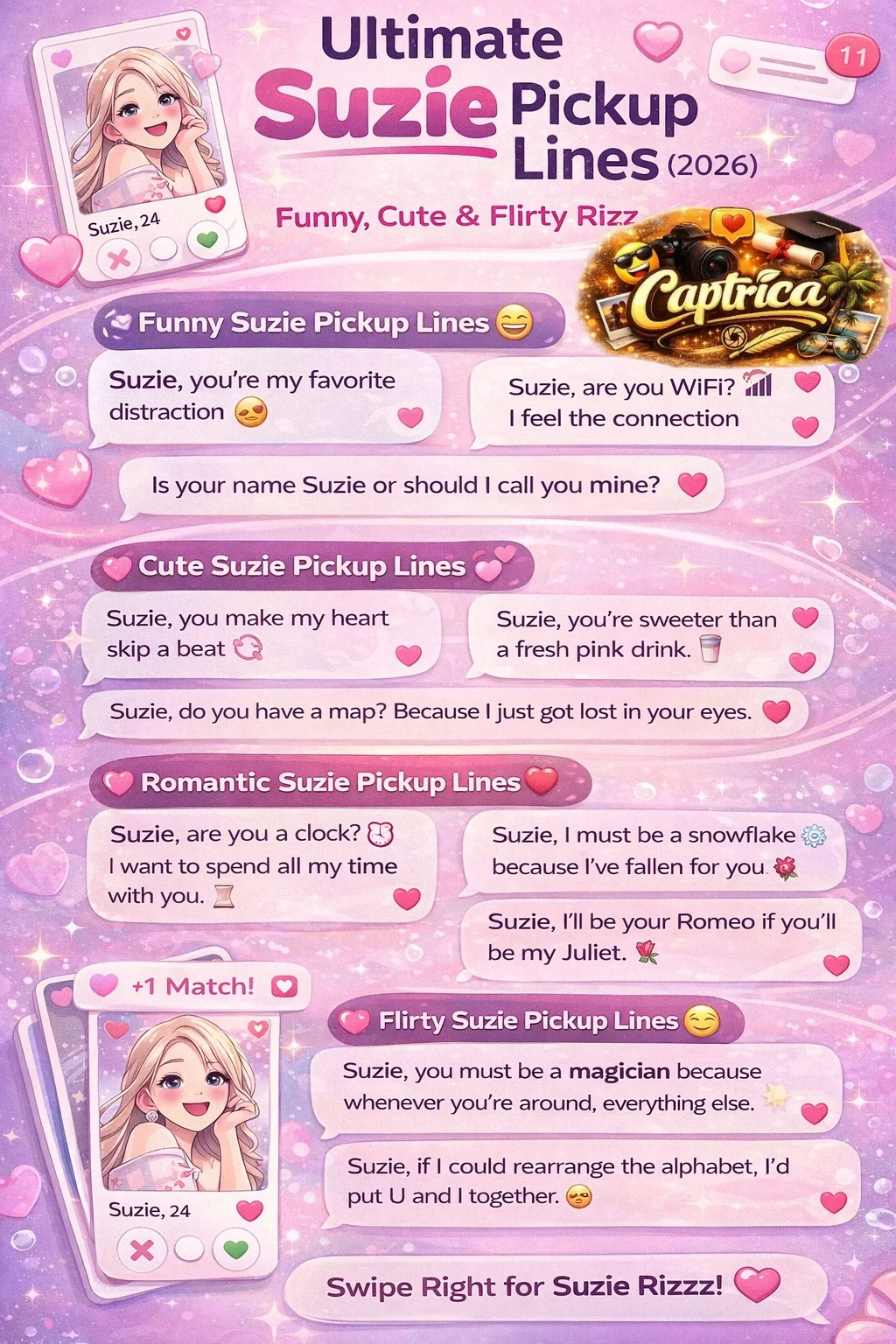 Ultimate Suzie Pickup Lines 2026 infographic featuring funny, cute, romantic, flirty, and bold pickup lines for Tinder, texting, and social media dating conversations.