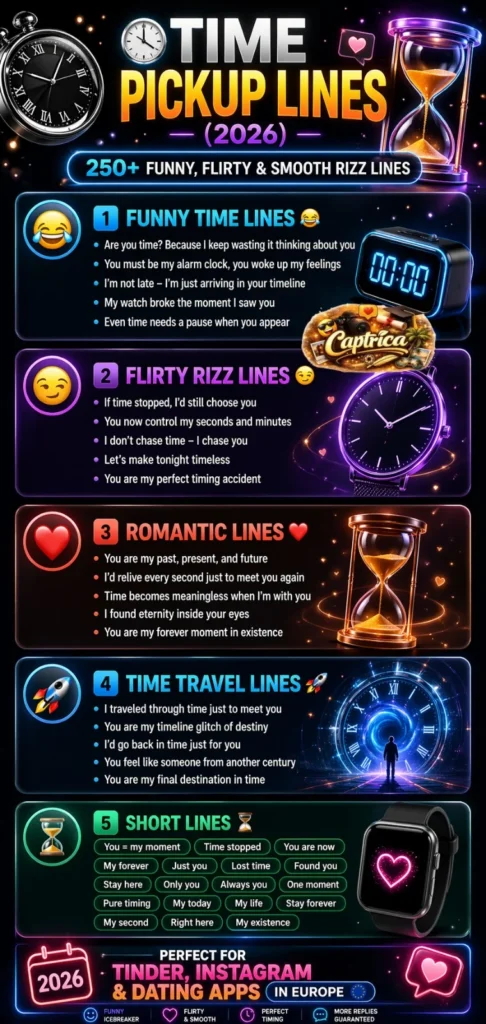 Time Pickup Lines 2026 infographic featuring 250+ funny, flirty, romantic, and time travel rizz lines designed for Tinder, Instagram, and dating apps in Europe.