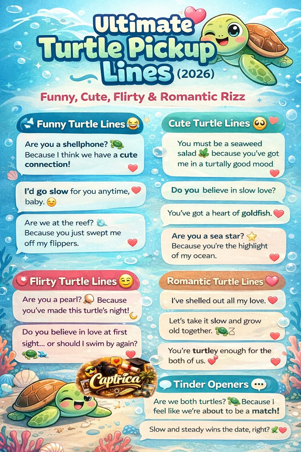 Infographic showing cute turtle pickup lines 2026 with funny, flirty, romantic and Tinder rizz lines in a colorful ocean-themed design.