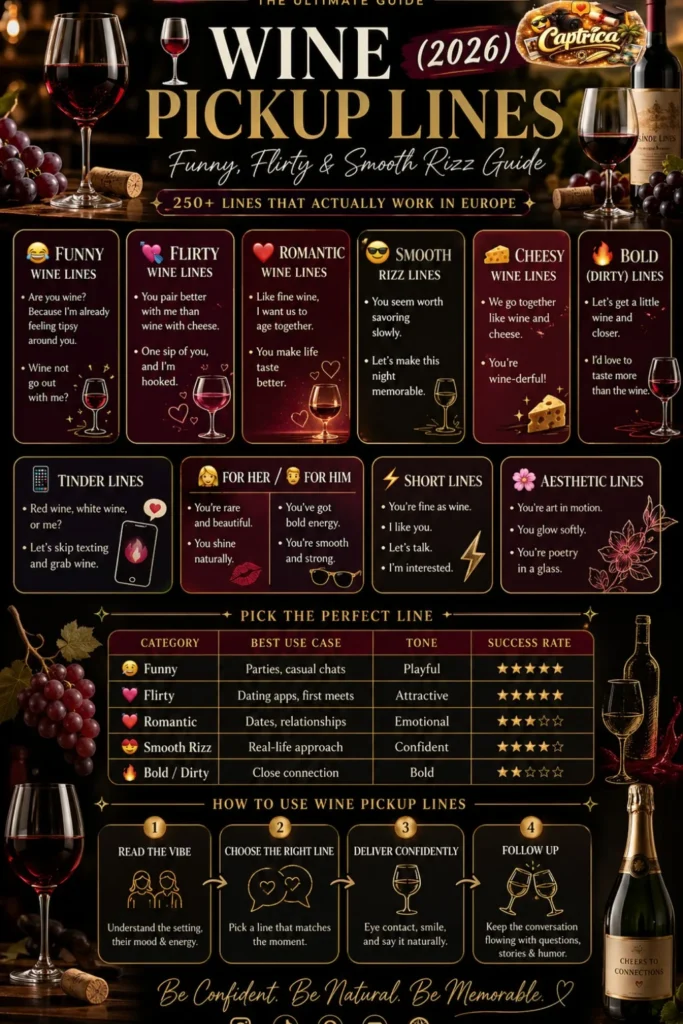Wine pickup lines infographic 2026 featuring funny, flirty, romantic and smooth wine rizz lines with dating tips for Tinder and real-life conversations in Europe.