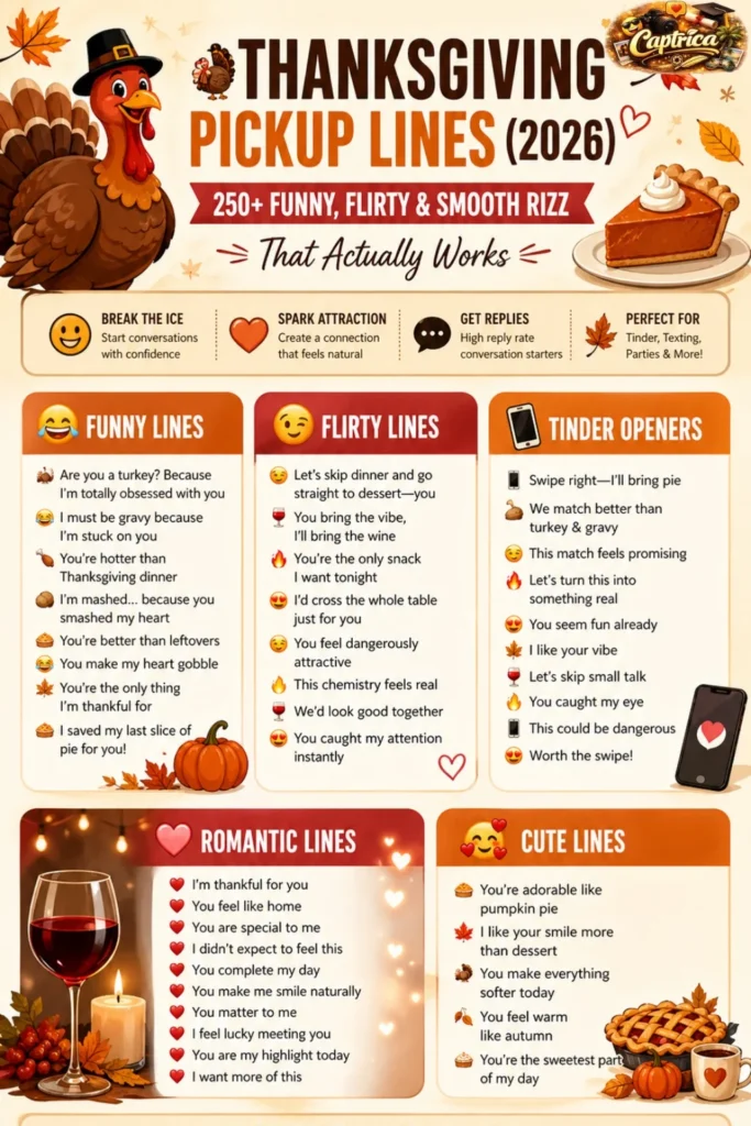 Thanksgiving pickup lines 2026 infographic featuring funny, flirty, romantic, and Tinder rizz lines with autumn-themed design, turkey icons, and warm seasonal colors for dating and social media use.