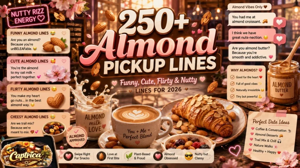 “Funny almond pickup lines infographic featuring roasted almonds, almond milk, cozy café visuals, and Gen-Z dating humor for 2026.”
