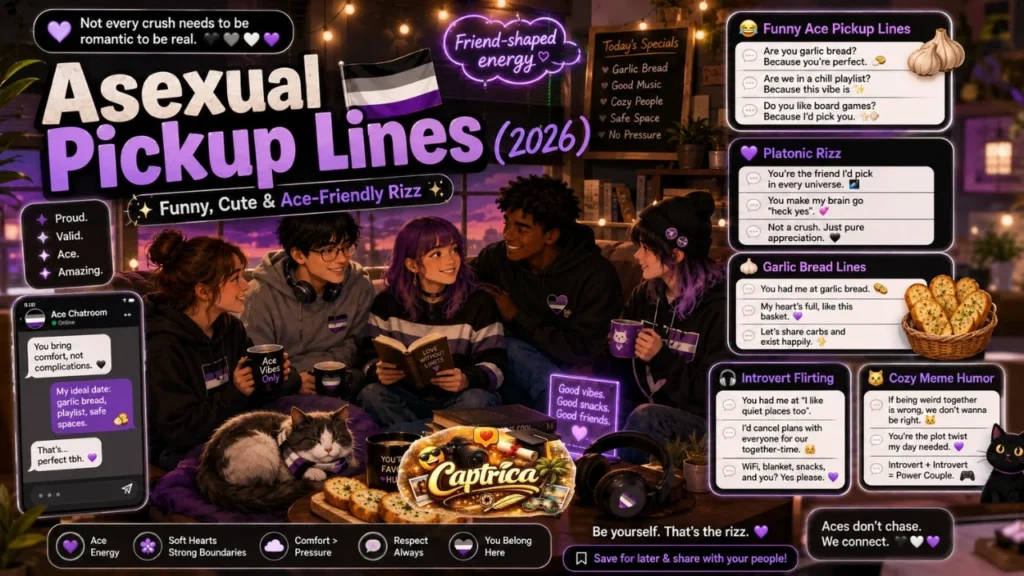Funny and wholesome asexual pickup lines infographic featuring cozy ace-friendly humor, garlic bread memes, platonic flirting, and Gen-Z style rizz ideas.