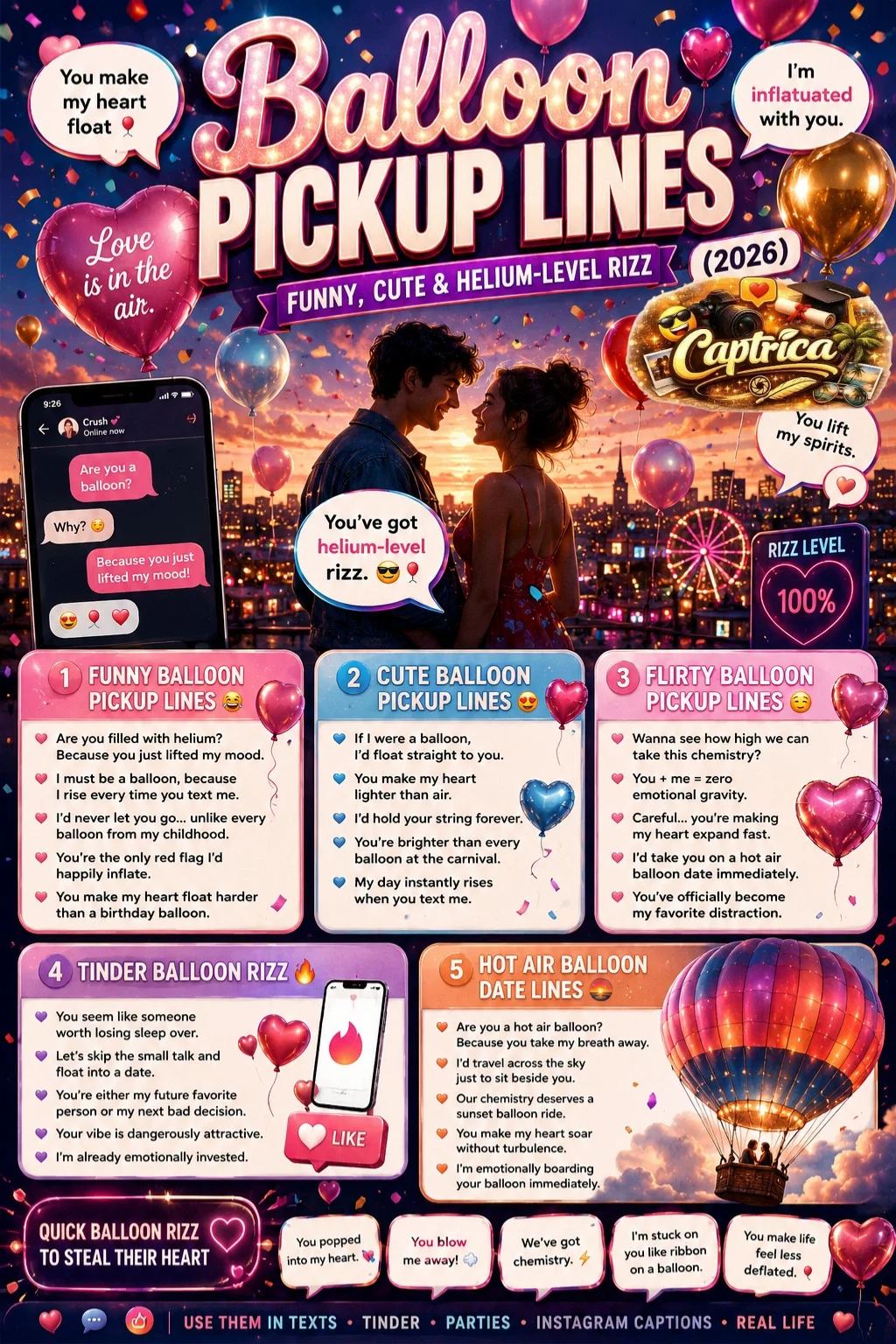 Colorful Balloon Pickup Lines infographic featuring funny, cute, and flirty helium-themed rizz quotes with floating balloons, romantic party vibes, and Gen-Z social media aesthetic.