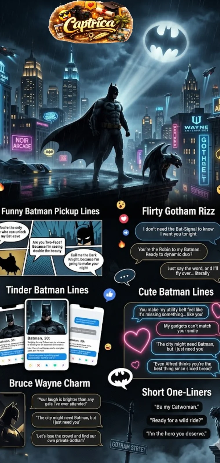 Batman Pickup Lines infographic featuring funny, flirty, cheesy, and Gotham-themed superhero pickup lines with cinematic Gotham City visuals and Batman-inspired comic aesthetics.