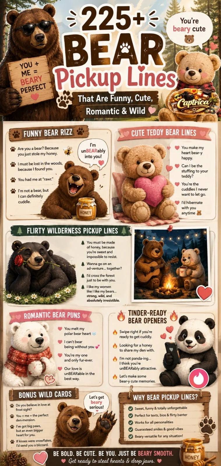 Pinterest-style infographic featuring cute teddy bears, grizzly bears, and polar bears with funny and romantic bear pickup lines in a cozy woodland aesthetic using warm honey and forest-inspired colors.