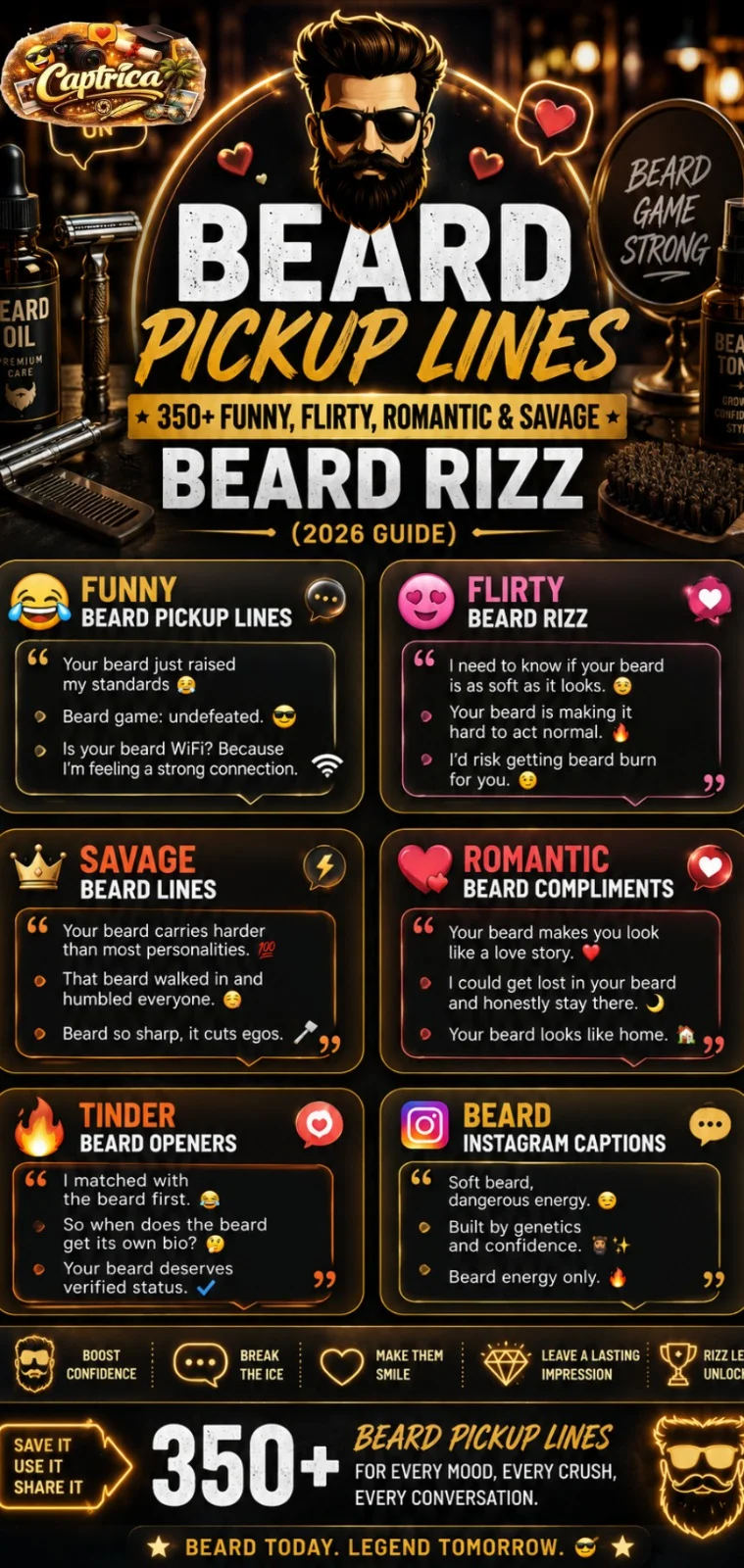 “Modern beard pickup lines infographic featuring funny, flirty, romantic, and savage beard rizz quotes for Tinder, Instagram captions, and social media flirting.”