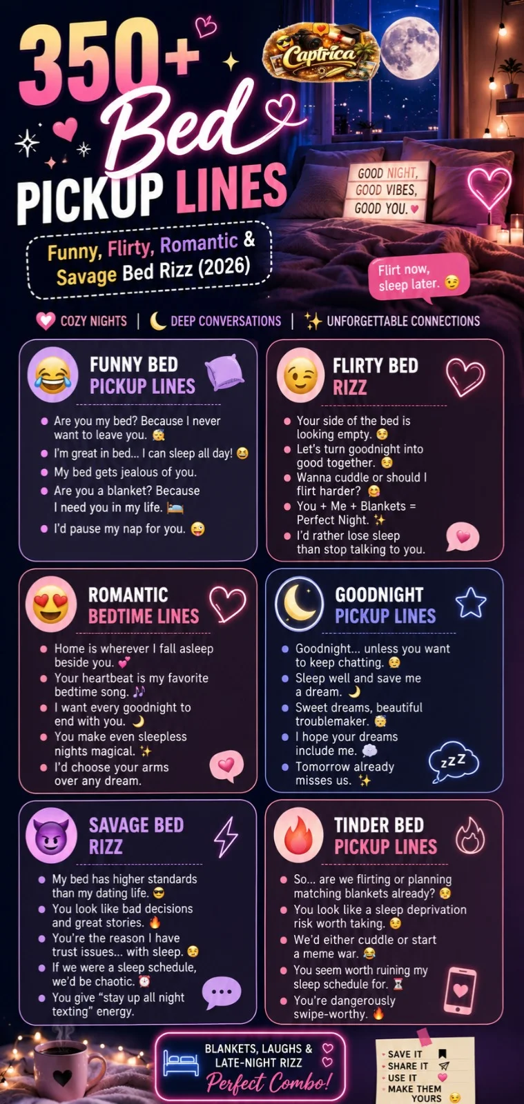 Funny and flirty bed pickup lines infographic featuring romantic bedtime rizz, goodnight flirting, cozy pillow talk, and late-night texting ideas.