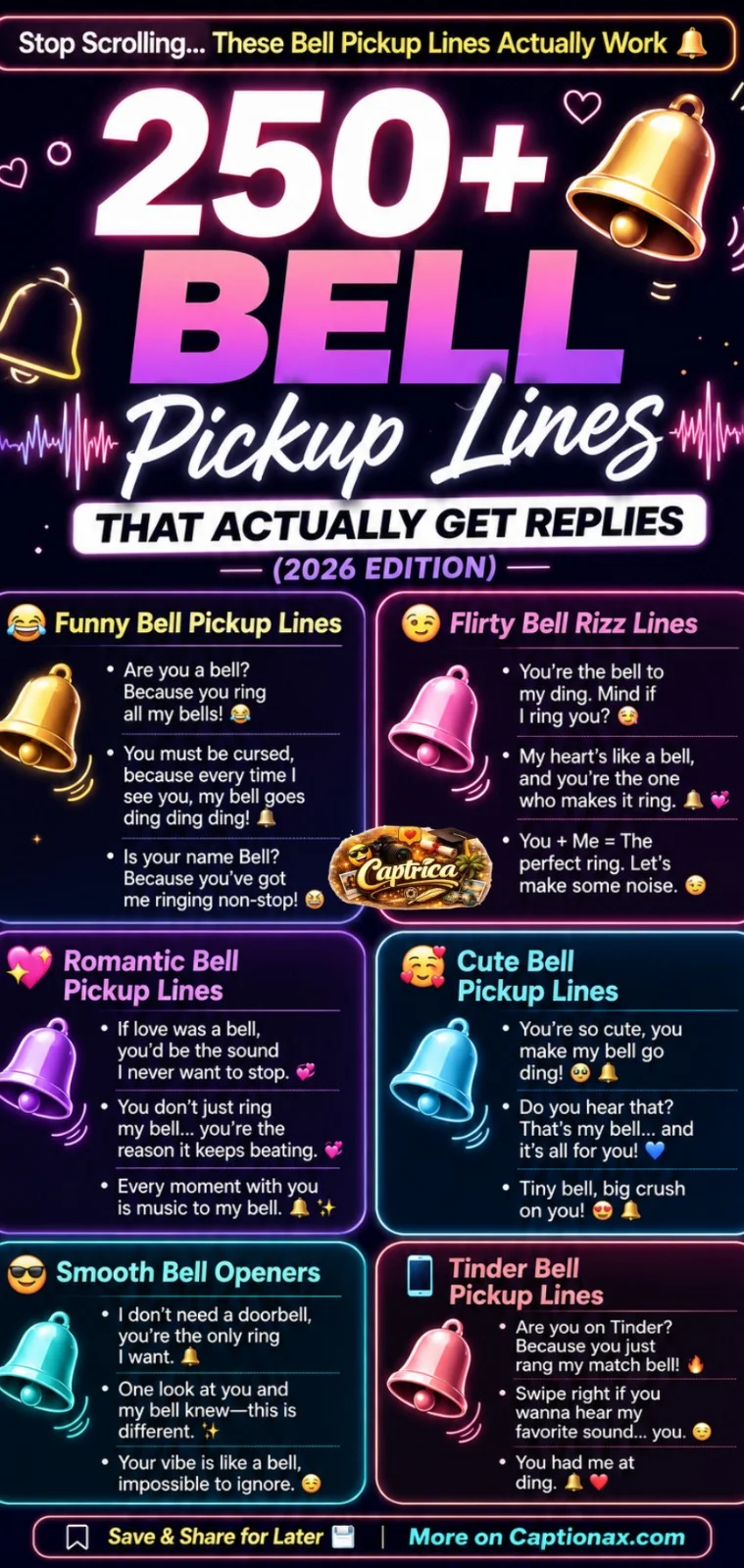 Bell pickup lines infographic showing funny, flirty, romantic, cute, and smooth rizz lines for Tinder, Instagram, and social media dating openers in 2026.