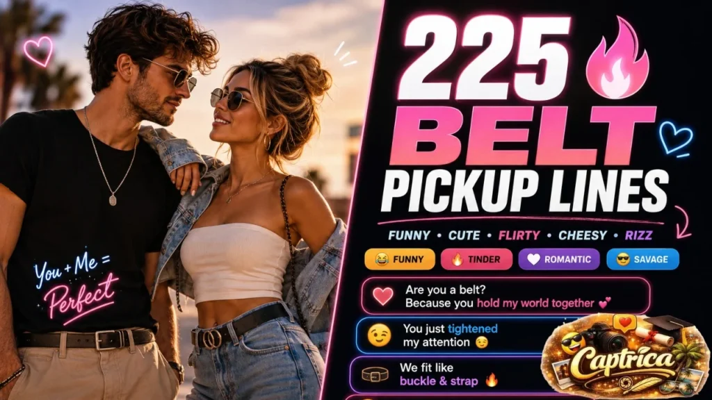Belt pickup lines infographic showing funny, cute, and flirty rizz lines for Tinder, texting, and social media flirting.