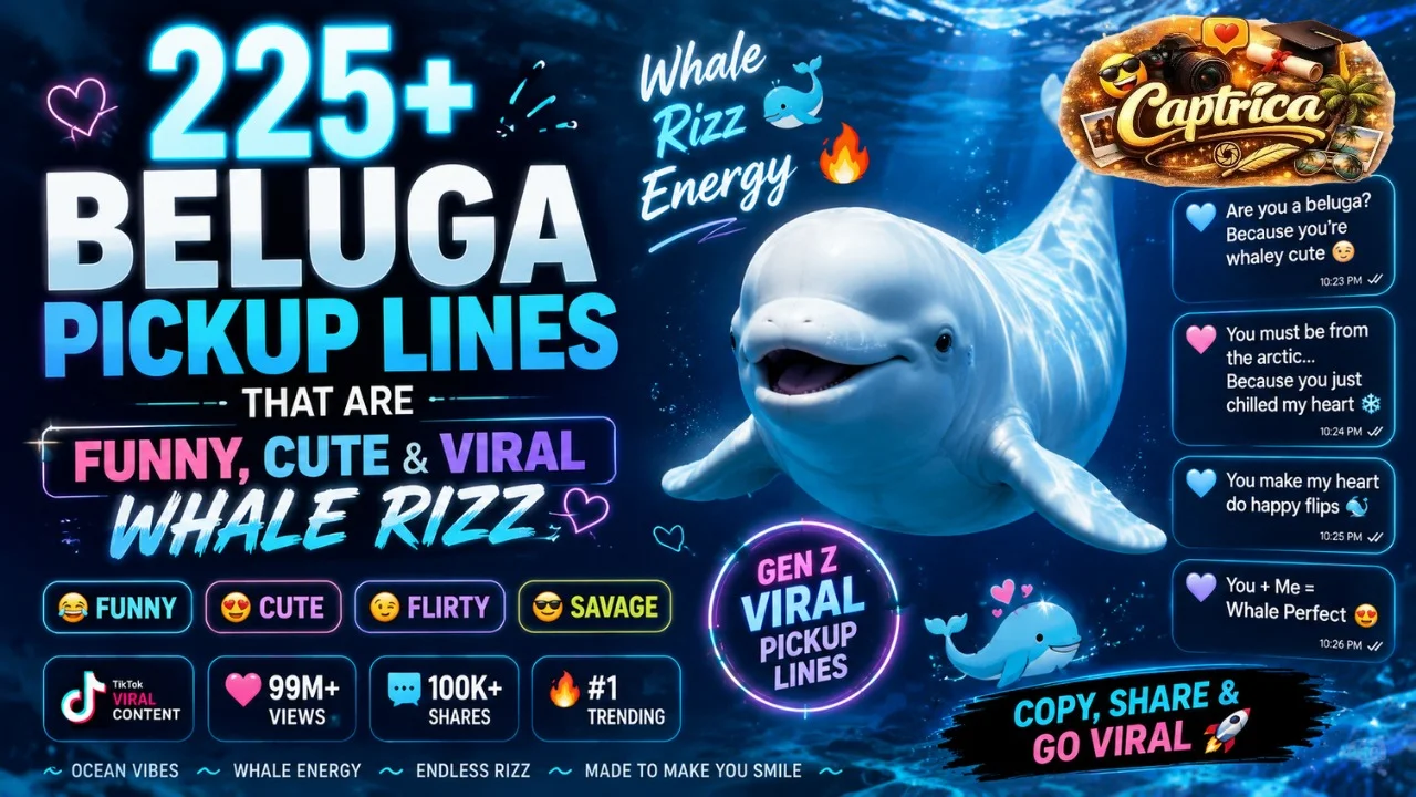 Beluga pickup lines infographic showing funny, cute, flirty, and viral whale rizz lines in a modern Gen Z ocean-themed design with beluga whale aesthetic visuals.