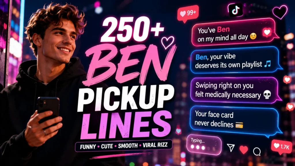 Ben pickup lines feature image with trendy Gen Z dating aesthetic, flirty text messages, and viral TikTok-style romantic rizz design

