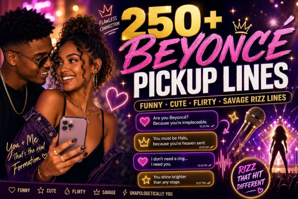 Beyoncé pickup lines infographic featuring 250+ funny, cute, flirty, and savage rizz lines in a modern Gen-Z social media style, with vibrant neon dating-app visuals.