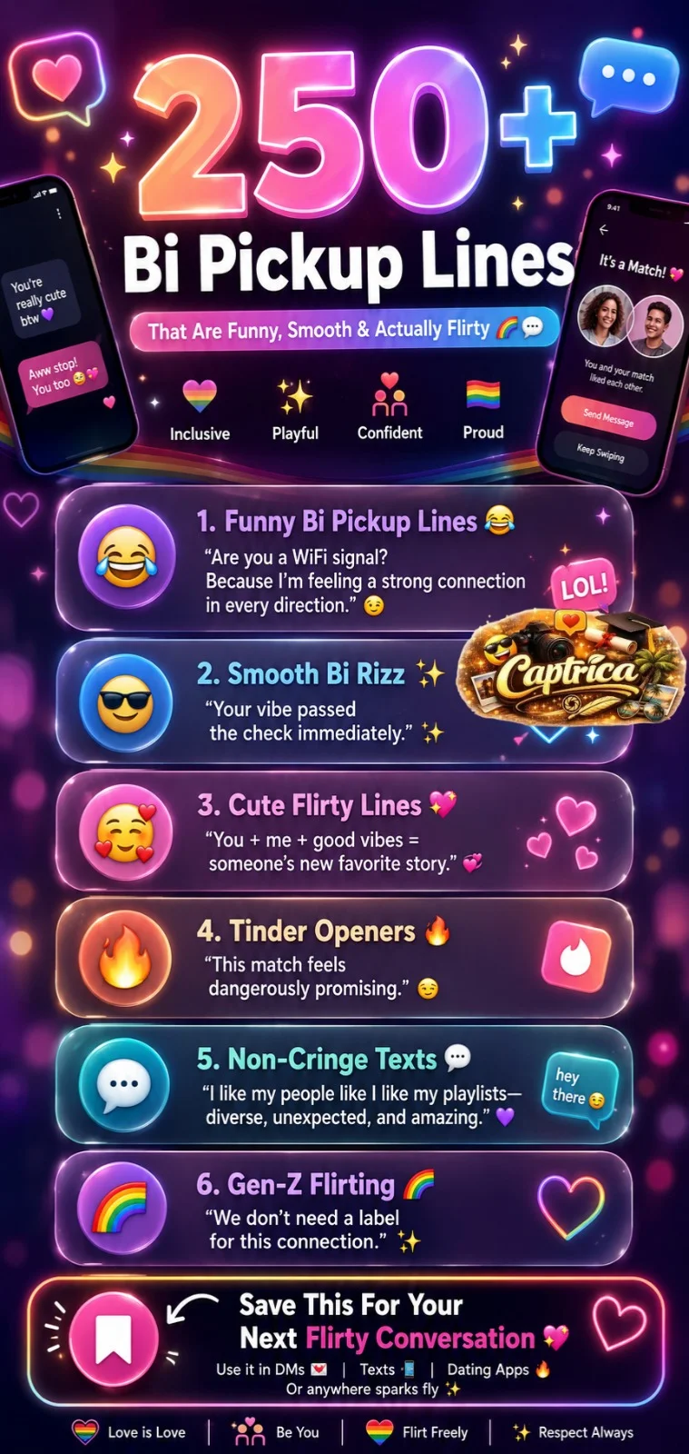 “Colorful vertical infographic featuring funny, smooth, cute, and non-cringe bi pickup lines with LGBTQ+ dating aesthetics, texting-inspired visuals, and modern Gen-Z flirting design.”
