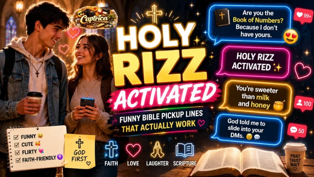 Funny Bible pickup lines infographic featuring wholesome Christian flirting, church humor, and viral holy rizz social media aesthetic.