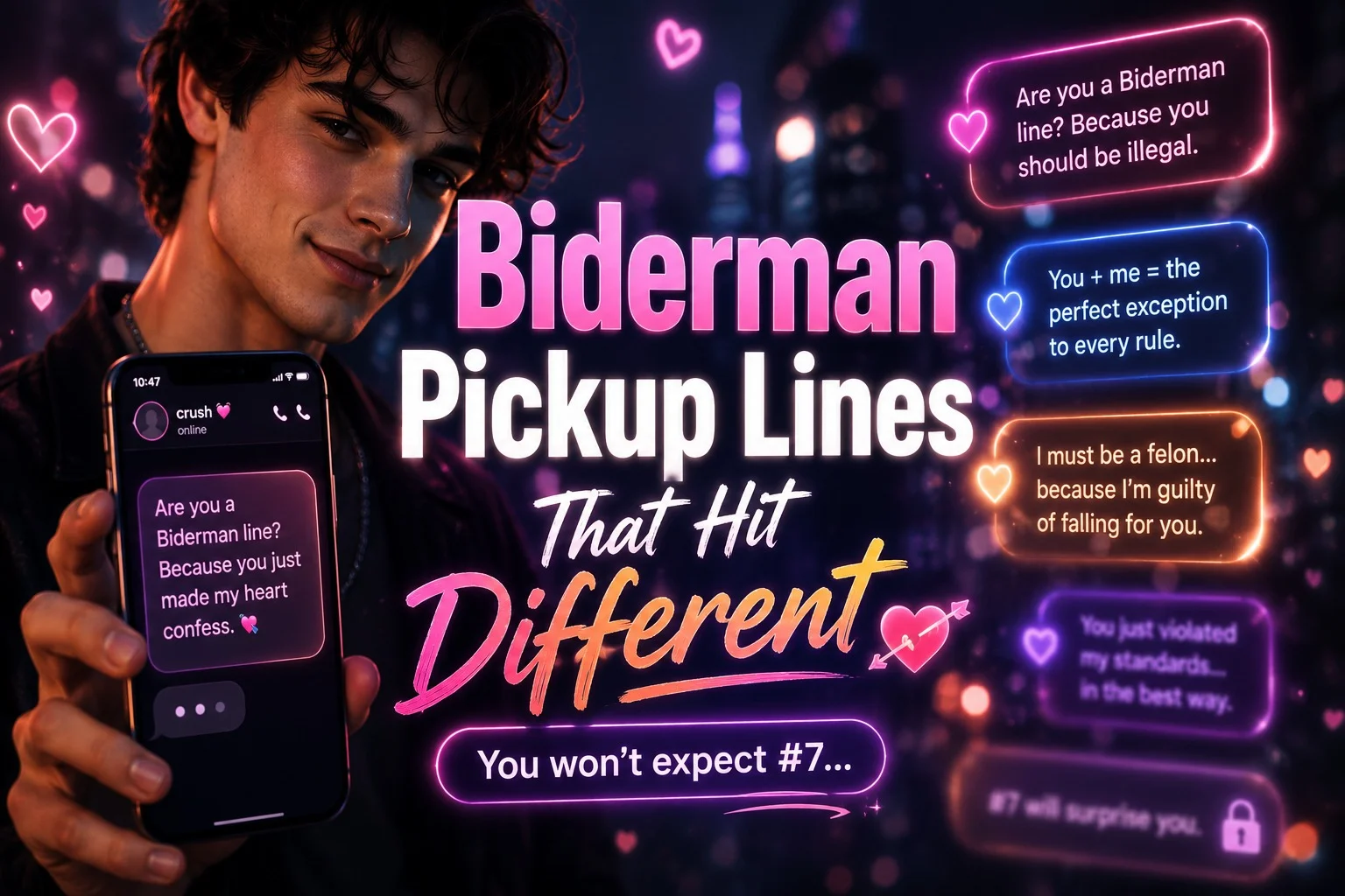 Biderman pickup lines infographic featuring funny, flirty, cute, and savage openers for Tinder, Instagram, and dating apps that boost replies instantly.