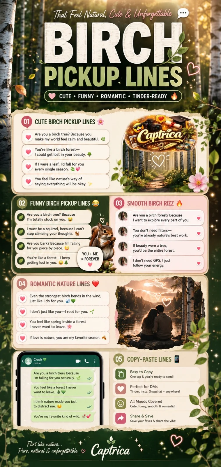 Vertical infographic featuring cute, funny, romantic, and Tinder-ready birch pickup lines with aesthetic forest-themed Gen-Z design and nature-inspired flirting quotes.
